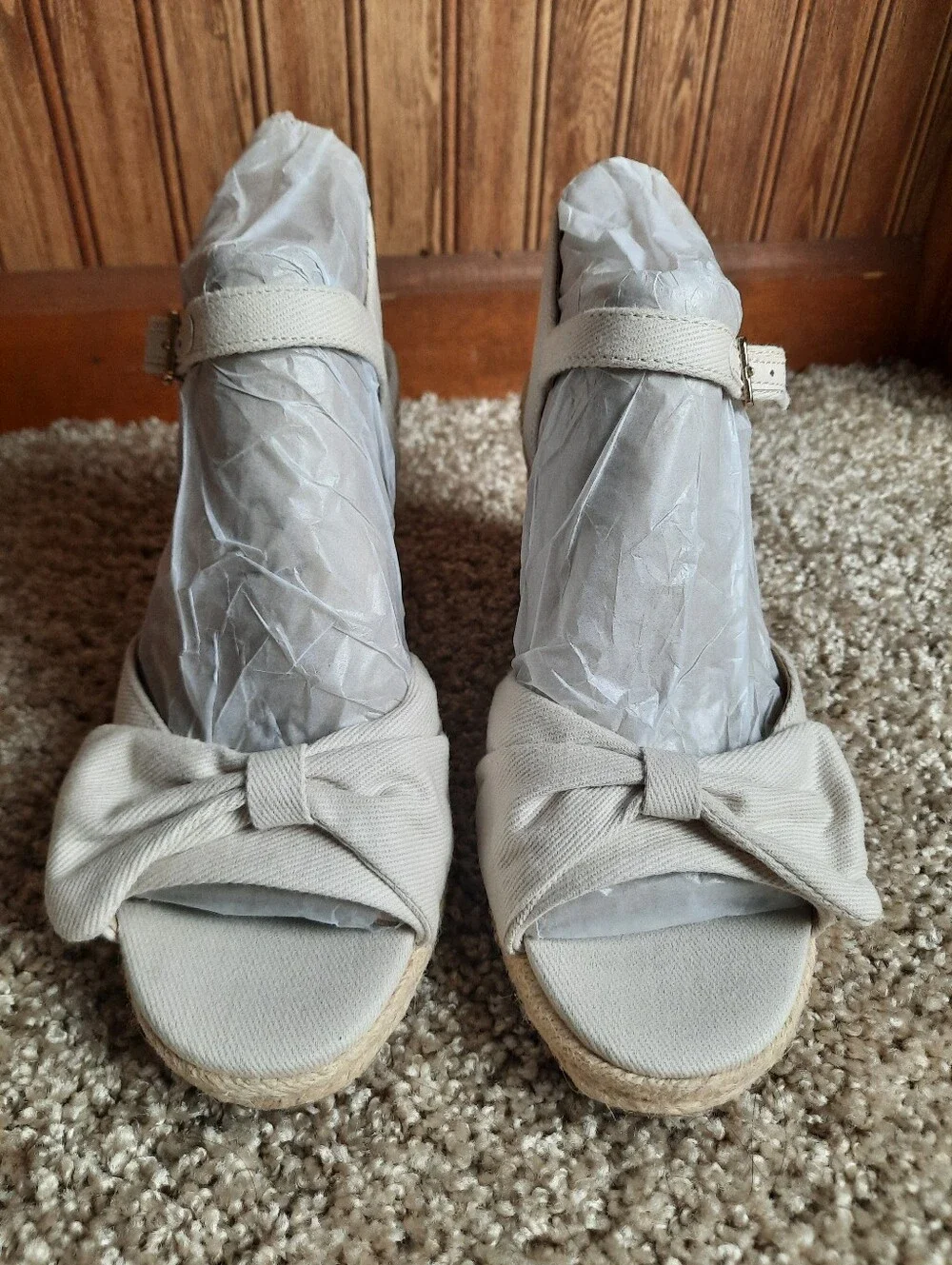 🛍 NIB Life Stride Tahlia Bone Canvas Ankle Strap Bow Espadrille Wedges Size 7